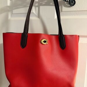 Coach Red Leather Tote with Black Handles